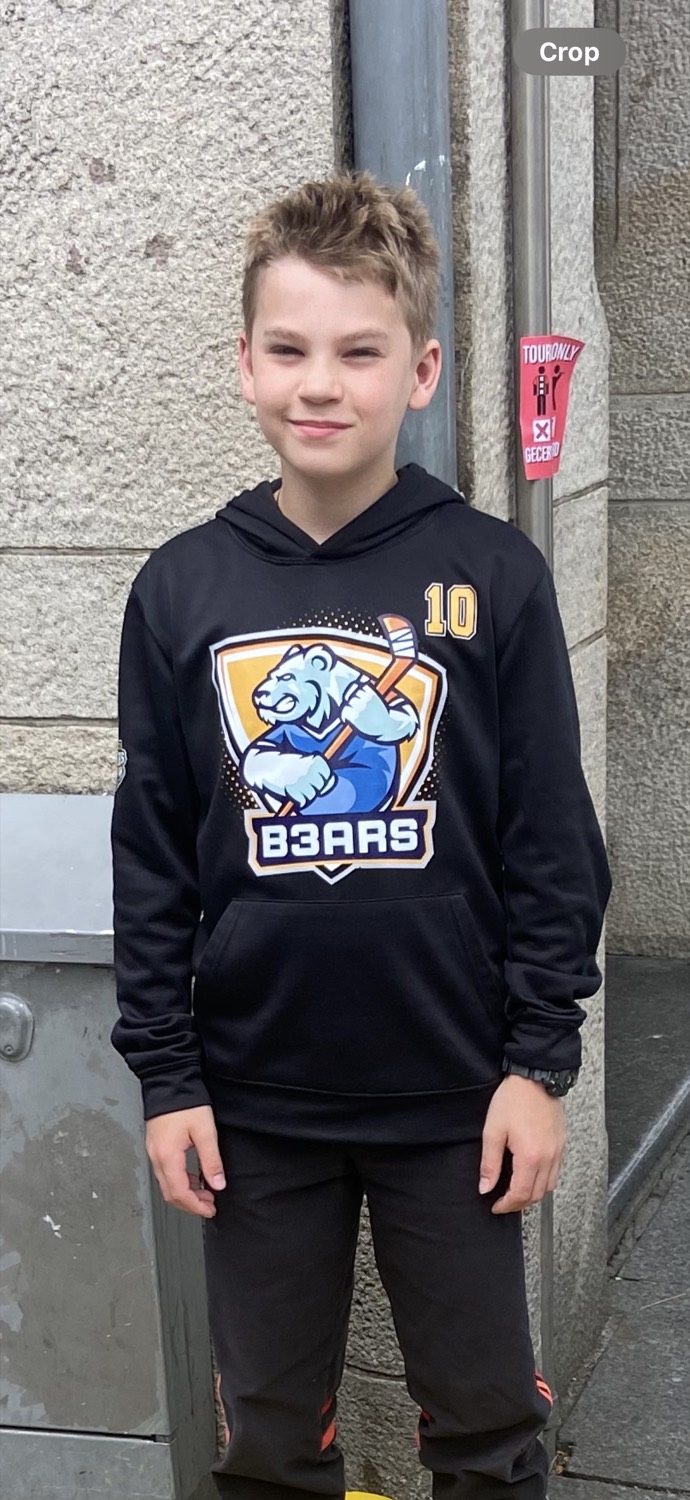 Thomas in his B3ARS hockey hoodie